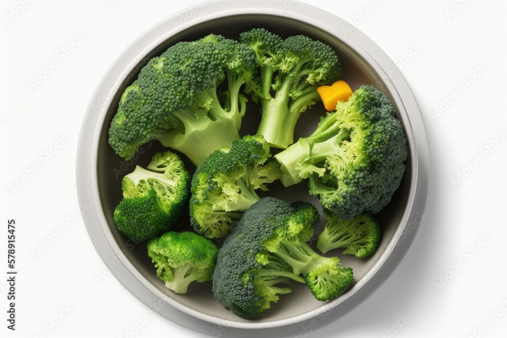 Poster top down view of a bowl of steamed broccoli with a white background and clipping path. generative ai