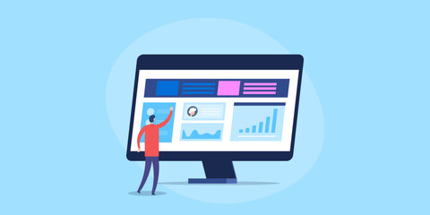 Financial statement stock marketing investment, businessman analysing market data and report on computer screen, flat vector illustration with isolated background.