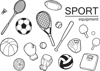 Sports equipment vector lines in black on a white background, there are various types of sports equipment with scale images to represent weight loss, exercise.