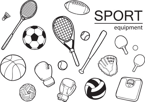 Sports equipment vector lines in black on a white background, there are various types of sports equipment with scale images to represent weight loss, exercise.