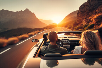 Fototapeta na wymiar Couple driving at sunset