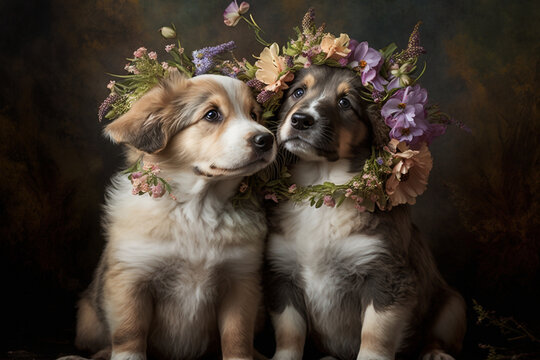 Full body shot color photography of two cute puppies in wedding dresses kissing each other, full head view, Generative AI	