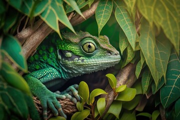 Obraz premium Green lizard in nature, hunter chameleon with a camouflaged green hide, hidden animals. Generative AI
