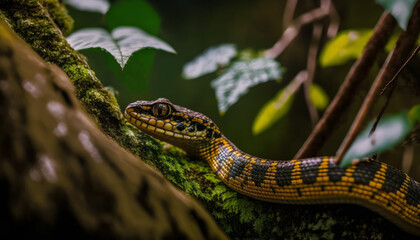 Fototapeta premium Orange Ascent: A Close-up View of a Serpentine Climber in the Rainforest Generative AI