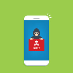 Hacker notification on mobile phone. Smartphone with hacker attack alert.	