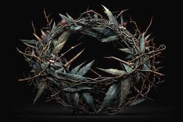 Isolated crown of thorns lit dramatically against black background. Generative AI