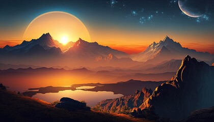 beautiful mountain view accompanied by sunrise. made with generative Ai