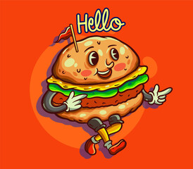 Cute Hamburger Cartoon Vector Icon Illustration. Fast Food Icon Concept Modern flat style vector illustration.