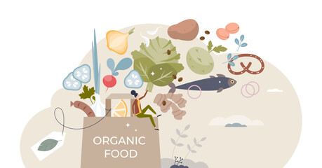 Food organics as fresh or healthy product consumption tiny person concept, transparent background. Ecological nutrition purchase from local store for wide assortment meal preparation illustration. - obrazy, fototapety, plakaty
