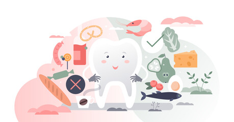 Foods for healthy teeth as educational dental protection tiny person concept, transparent background. Oral care and decay prevention with eating right products illustration.