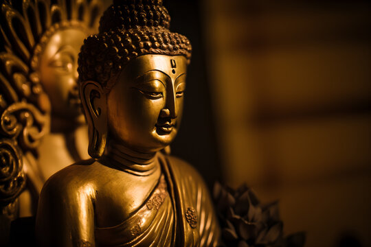 Buddha Purnima celebration, Buddha Jayanti golden color image of god gautam buddha peace of mind Generative AI