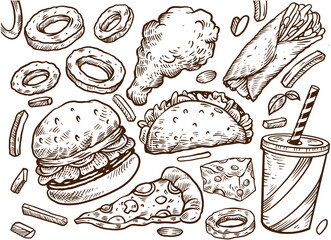 Set of drawings Fast Food. Burger, Fried Chicken, Burrito and pizza collection. vector sketch illustration isolated on white background