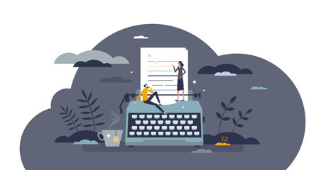 Literature art form with creative author book writing tiny person concept, transparent background. Poetry, story or novel typing manuscript illustration. Professional publisher as artistic occupation.
