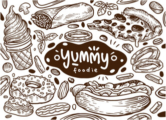 Fast Food Hand drawn illustration. Burger, Fried Chicken, Burrito and pizza collection in sketch illustration isolated on white background