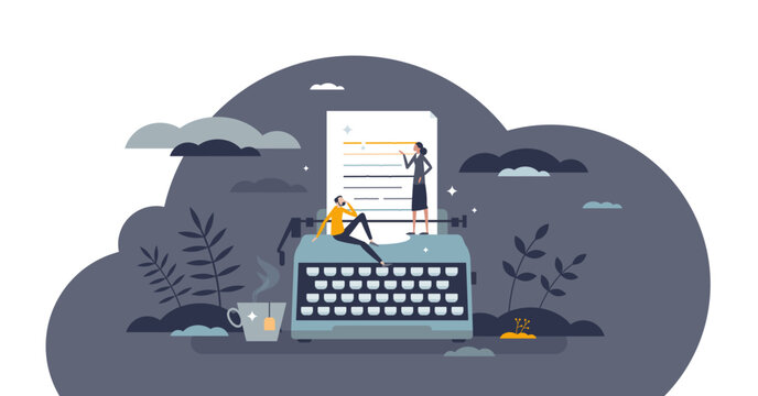 Literature art form with creative author book writing tiny person concept, transparent background. Poetry, story or novel typing manuscript illustration. Professional publisher as artistic occupation.