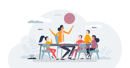 Teacher assistant for school children knowledge teaching tiny person concept, transparent background. Kindergarten educational support from professional female mentor illustration.