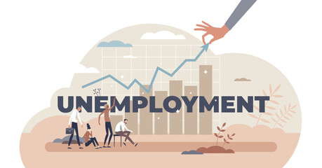 Unemployment and work loss problem with business crisis tiny person concept, transparent background.Employee fired from job and unemployed percentage growth statistics illustration. - obrazy, fototapety, plakaty