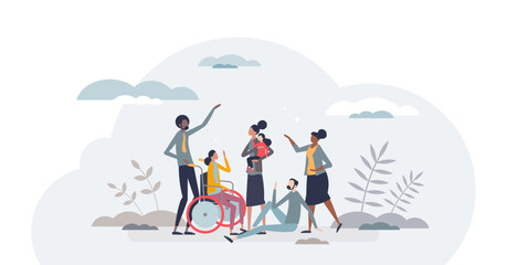 Accessibility as ability for movement in public places tiny person concept, transparent background. Handicap patient support and assistance with wheelchair mobility option illustration.