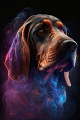 Beautiful Artistic Spiraling Galaxies Star and Iridescent Nebulae in Intricate Detail, Forming Shape of a Bloodhound dog Animal in Space with Smoke Misty Background (generative AI)