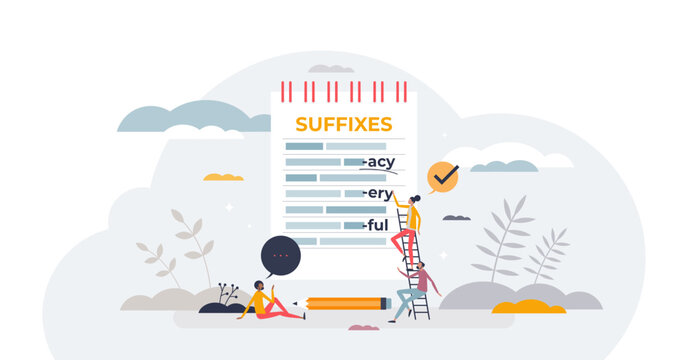 Suffixes english grammar topic to learn word ending types tiny person concept, transparent background. Communication study and foreign course learning illustration.
