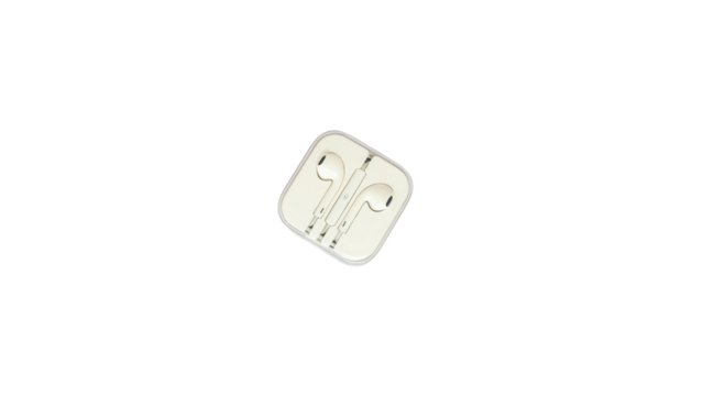 Earphones in plastic storage case on isolated white background