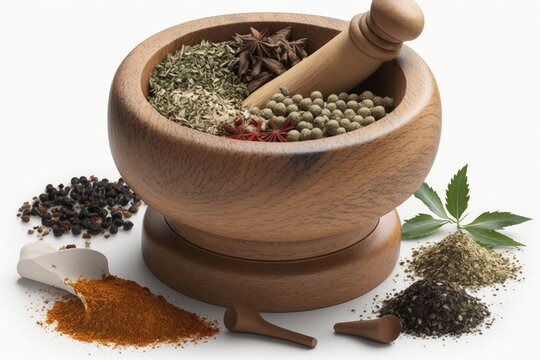 spices and herbs used for seasoning, displayed in a wooden pestle against a white background. Generative AI