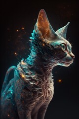 Beautiful Artistic Spiraling Galaxies Star and Iridescent Nebulae in Intricate Detail, Forming Shape of a Cornish Rex cat Animal in Space with Smoke Misty Background (generative AI)