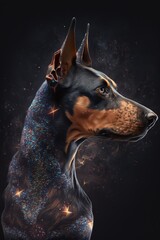 Beautiful Artistic Spiraling Galaxies Star and Iridescent Nebulae in Intricate Detail, Forming Shape of a Doberman Pinscher dog Animal in Space with Smoke Misty Background (generative AI)