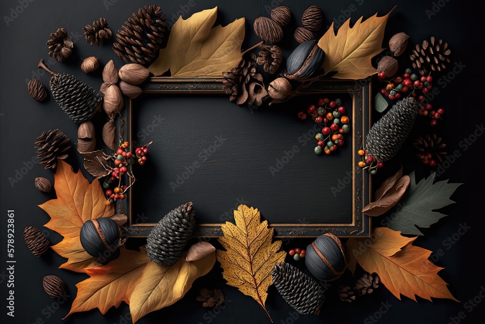 Sticker leaves, nuts, and pine cones bursting with fall color. a black banner with a double border and a rus