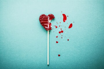 broken heart lollipop into pieces, concept of breakup, heartbreak and rejection