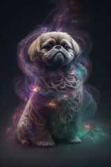 Beautiful Artistic Spiraling Galaxies Star and Iridescent Nebulae in Intricate Detail, Forming Shape of a Shih Tzu dog Animal in Space with Smoke Misty Background (generative AI)