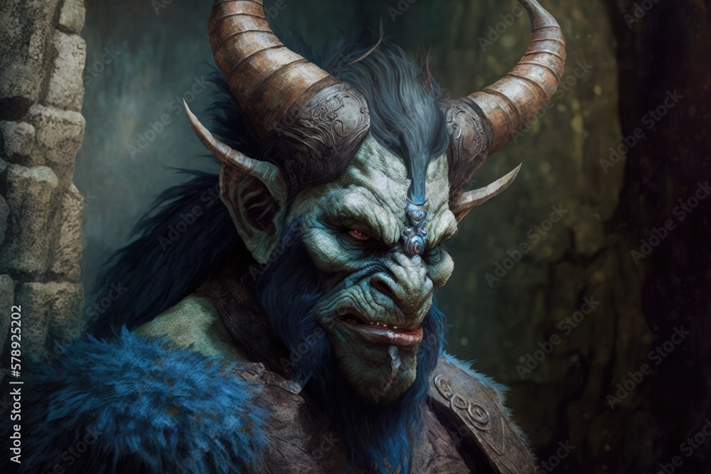 Poster mythical creature troll with an angry expression. protective gear and horns. brilliant pupils. examp