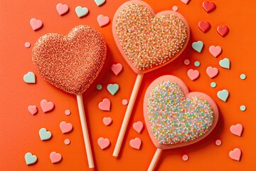 Yummy heart shaped lollipops with sprinkles set against a vibrant coral background in a flat lay arrangement. Concept of a Love Triangle. Generative AI