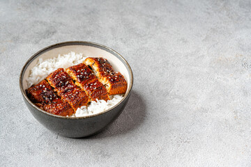 Unagi donburi It consists of a donburi type large bowl filled with steamed white rice, and topped with fillets of eel (unagi) grilled in a style known as kabayaki, similar to teriyaki.