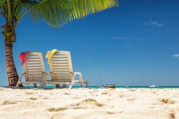 Caribbean paradise beach with palm trees, Dominicana, Punta Cana, Saona island. Best travel destination for summer holiday - obrazy, fototapety, plakaty