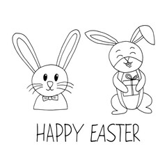 cute bunny and happy easter text set hand drawn in doodle style.