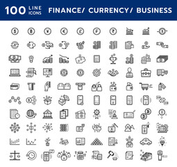 100 line icons set: finance, currency, and financial business icons on the white artboard, minimal flat vector icons