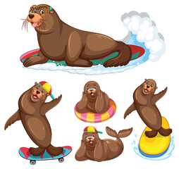 Sea Lion Cartoon Characters in Summer Theme