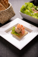 Tuna salad canape with shrimp. Delicious healthy and easy to prepare snack.