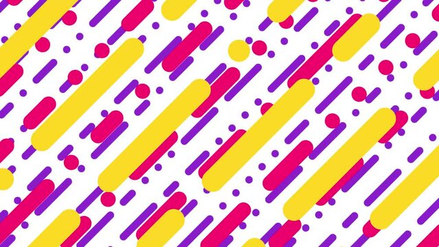 フラットなデザインの丸い点と角丸の太さ・大きさの違う線が斜めに流れていく背景向けアニメーション素材　フラット　白背景　赤／ピンク・黄色・紫