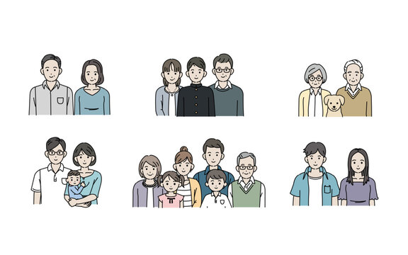 様々な年齢層の家族のイラストセット