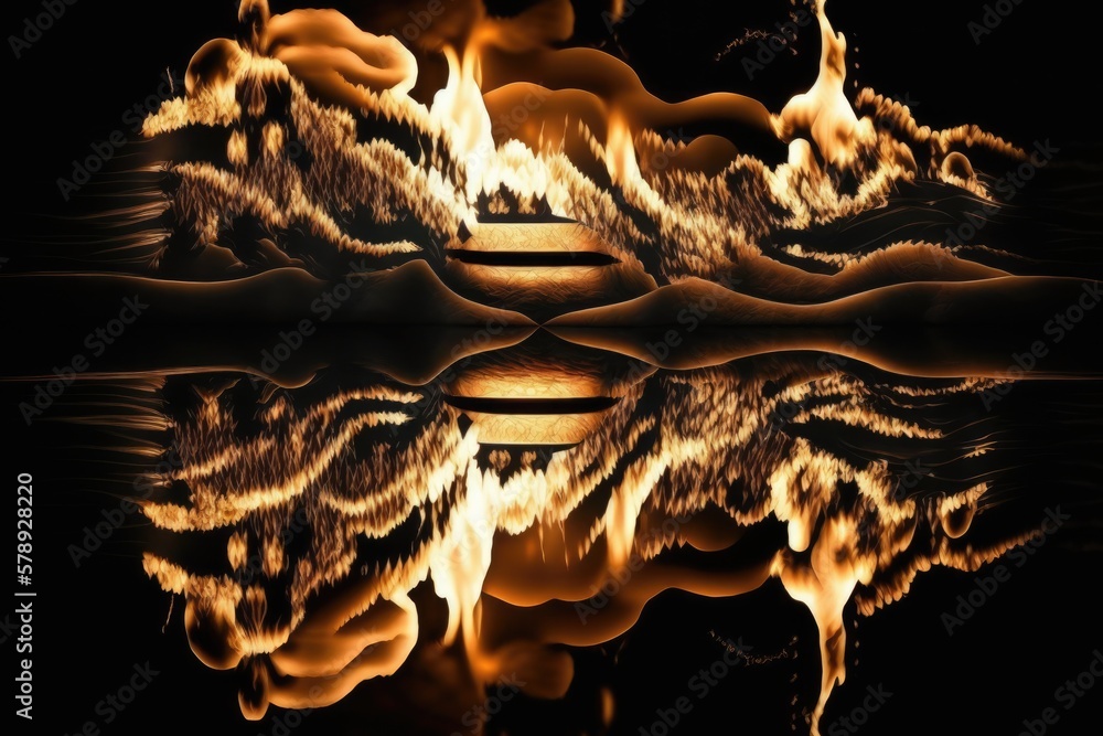 Poster luminous bonfire flames mirrored in the calm waters of a lake. beautiful scene of flames reflected i