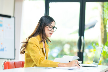 Portrait of pretty cheerful girl smiling while working on laptop in office