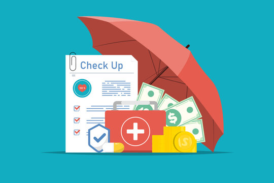 Health Insurance Concept, Health Insurance Document Under Umbrella With Coin, Money, Capsule On Isolated Background, Digital Marketing Illustration.