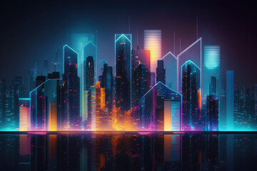 Smart city and big data concept.Futuristic cityscape at night. Generative AI 