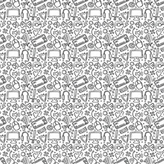 Seamless gaming pattern. Background with gamepad,monitor, keyboard, computer mouse, headphones