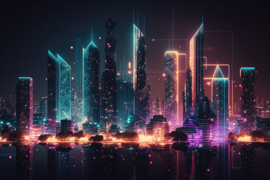 Smart city and big data concept.Futuristic cityscape at night. Generative AI © NENUMI