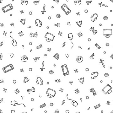Seamless gaming pattern. Background with gamepad,monitor, keyboard, computer mouse, headphones