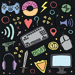 Fototapeta na wymiar gaming icons. Background with gamepad,monitor, keyboard, computer mouse, headphones