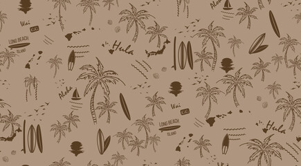 hawaii print seamless pattern Vector illustration, Hand Draw Style, Palm, Surf, Sunset 